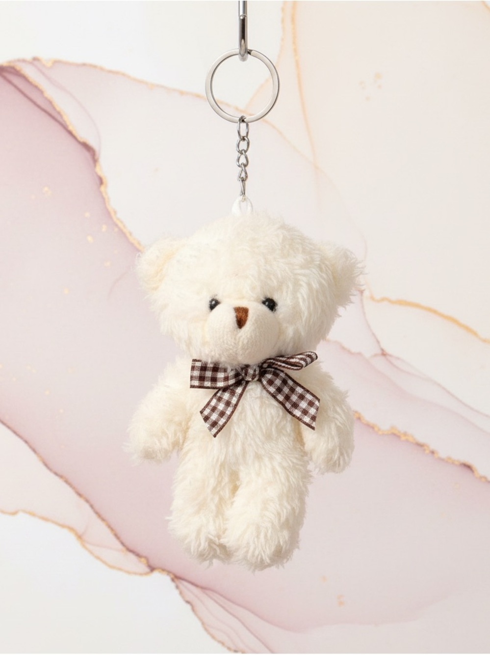 Teddy Bear Keychain - White Checkered Bow